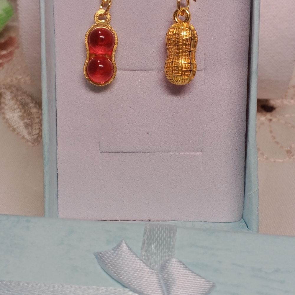 NEW Gold and Red Peanut Dangle Earrings